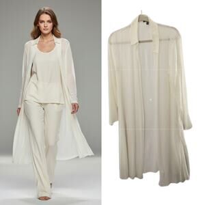 Eileen Fisher Silk Open Front Duster Women's Sz XS Ivory Midi Length Long Sleeve
